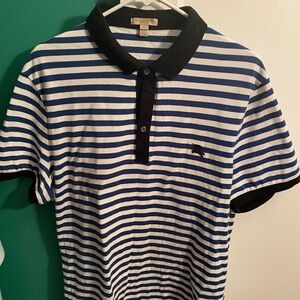 Burberry Blue and White Striped Polo with Black Accents